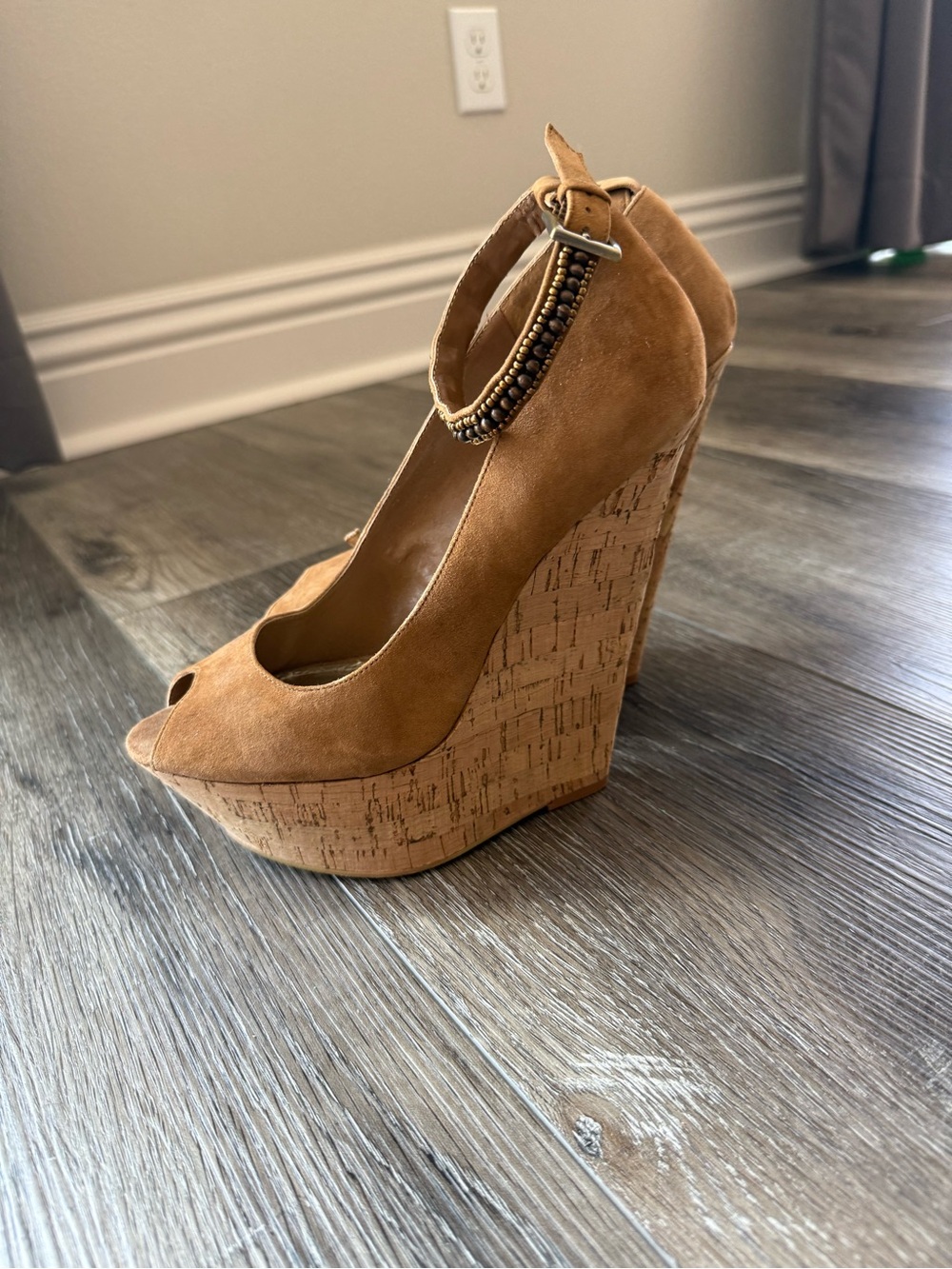Wild Pair Tan Suede Cork Wedge Sandals with Beaded Ankle Strap
